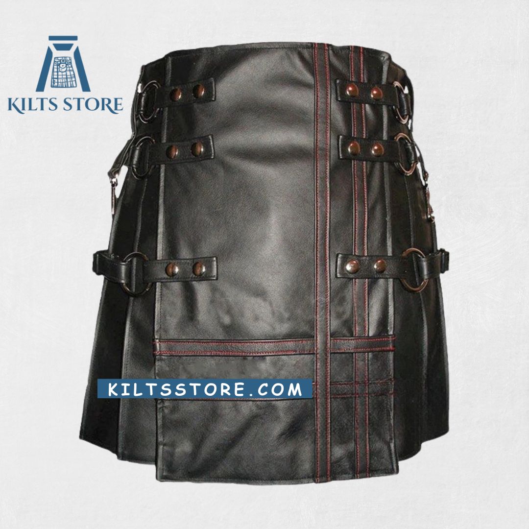Premium-Quality-Gothic-Style-Black-Leather-Kilt-front view .
