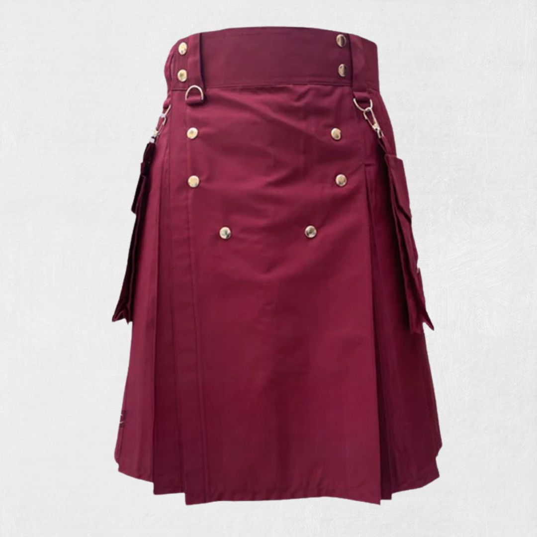 Front view of Premium Burgundy Utility Kilt with large pockets and adjustable straps