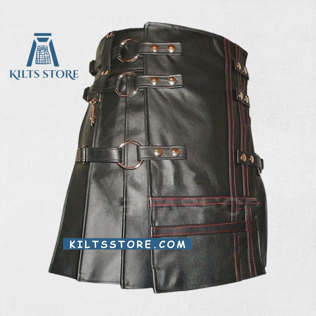 Premium-Quality-Gothic-Style-Black-Leather-Kilt-front view -back view .