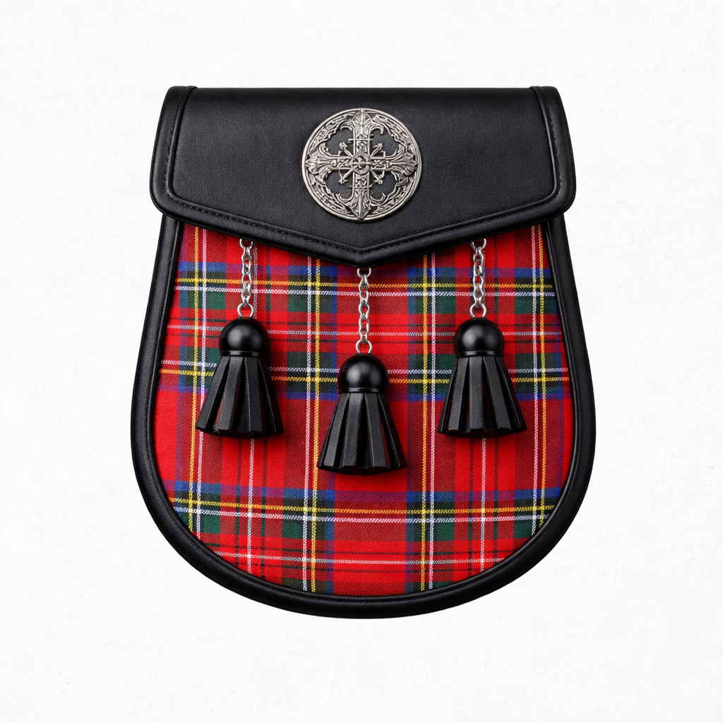 Royal Stewart tartan sporran with traditional tassels and leather backing for Scottish kilts