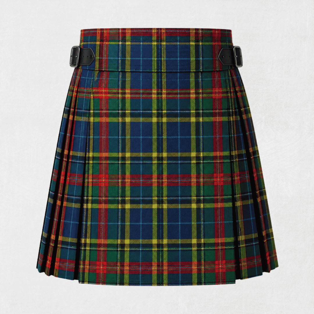 Bethune Tartan Kilt featuring authentic Scottish clan tartan with traditional pleated Highland design