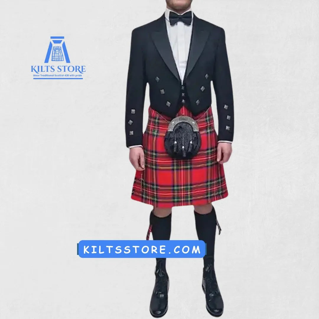 Front view of the Black Argyle Kilt Outfit for Men, showcasing the elegant black argyle pattern on the jacket and kilt, designed for a sharp, sophisticated look.