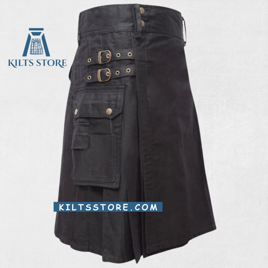 "Black Utility Kilt with adjustable straps and brass snaps, featuring utility pockets for functionality"