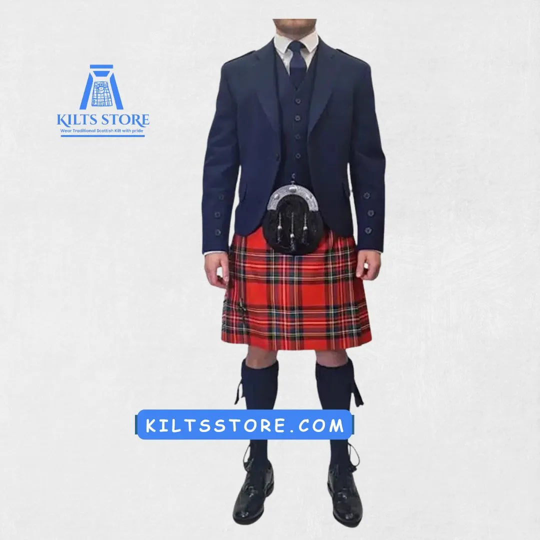 Front view of the Blue Argyle Wedding Kilt Outfit for Sale, showcasing the elegant blue argyle pattern, matching kilt, and tailored vest, perfect for a wedding day.