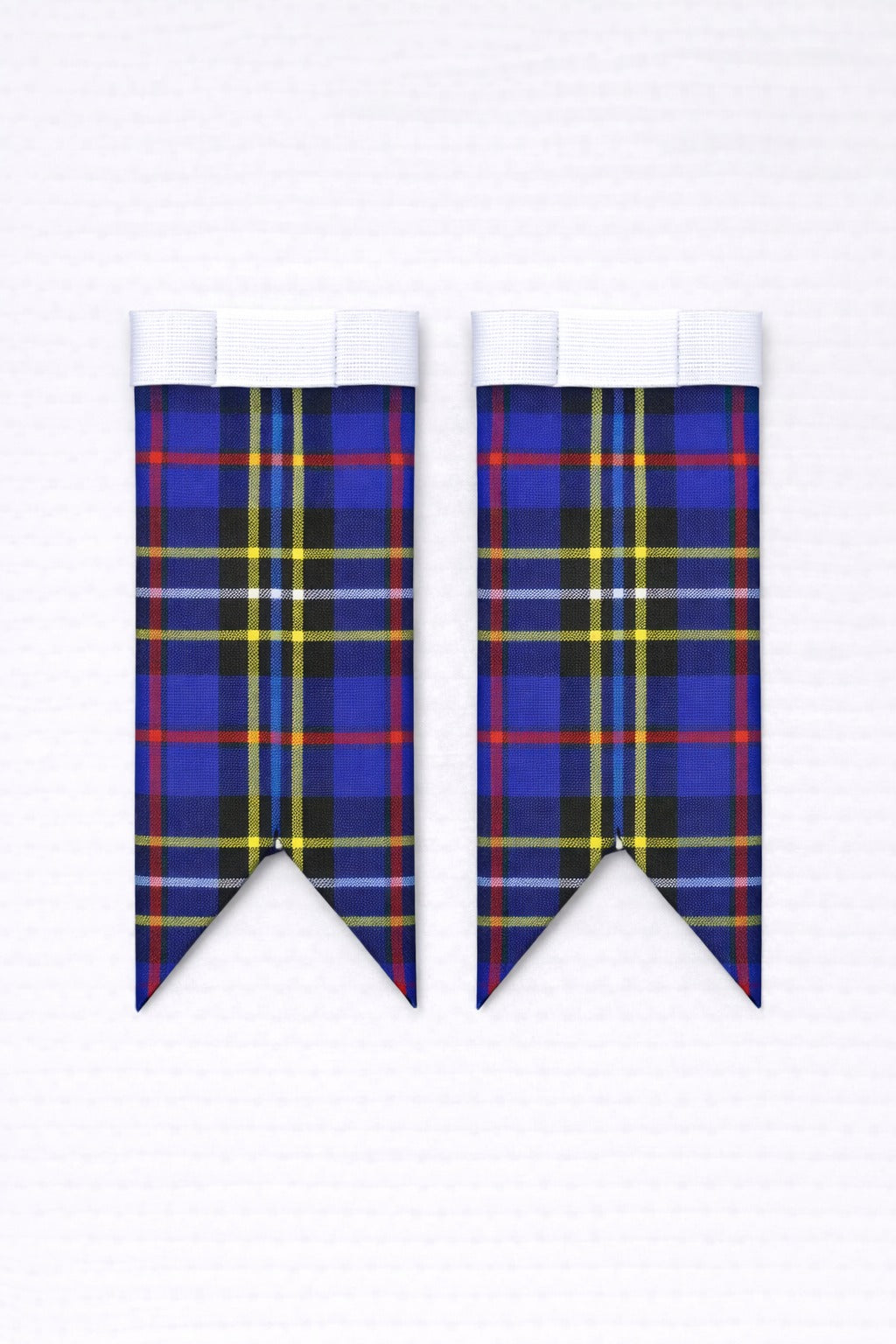 Blue modern tartan flashes worn with traditional Scottish kilt hose for Highland dress