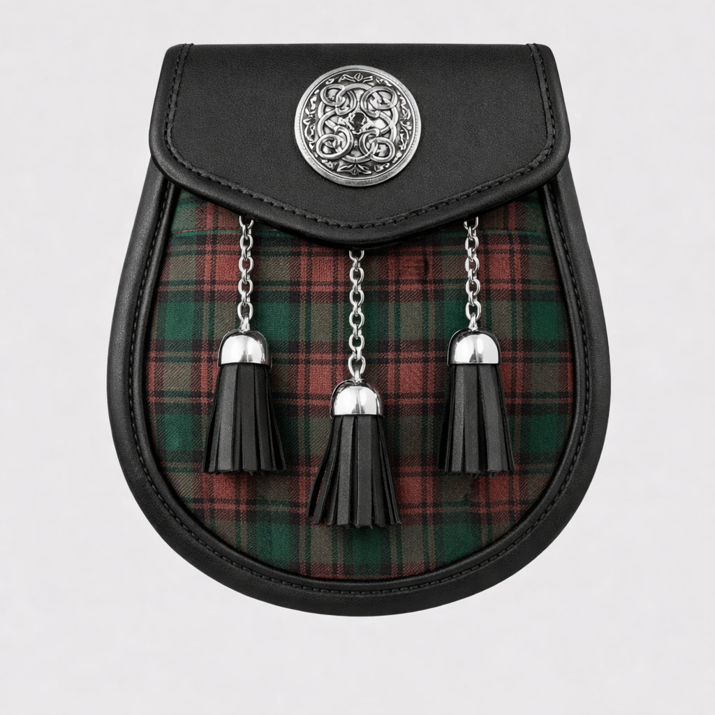 Brown Watch tartan sporran with traditional tassels and leather backing for Scottish kilts