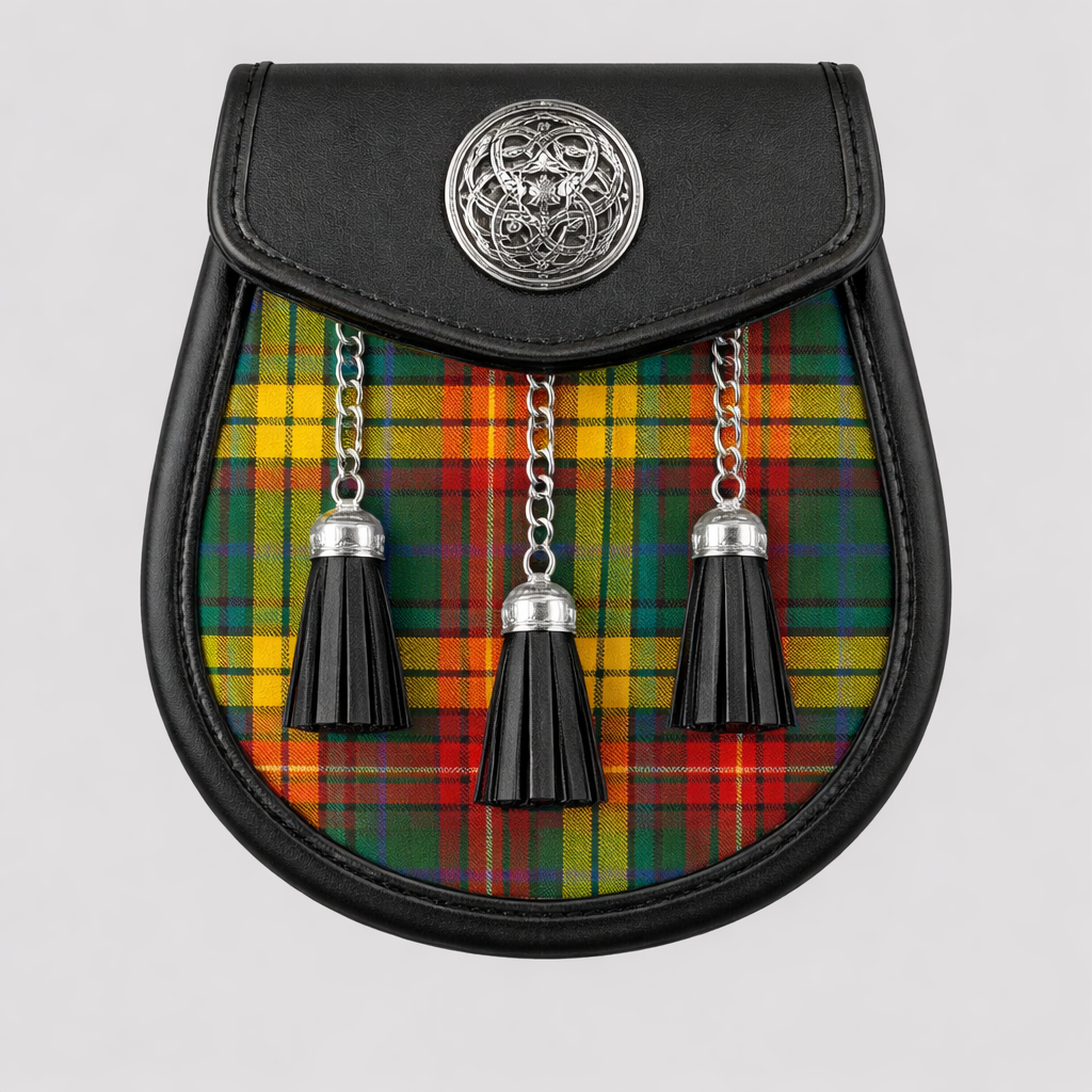 Buchanan Ancient tartan sporran with traditional tassels and leather backing for Scottish kilts