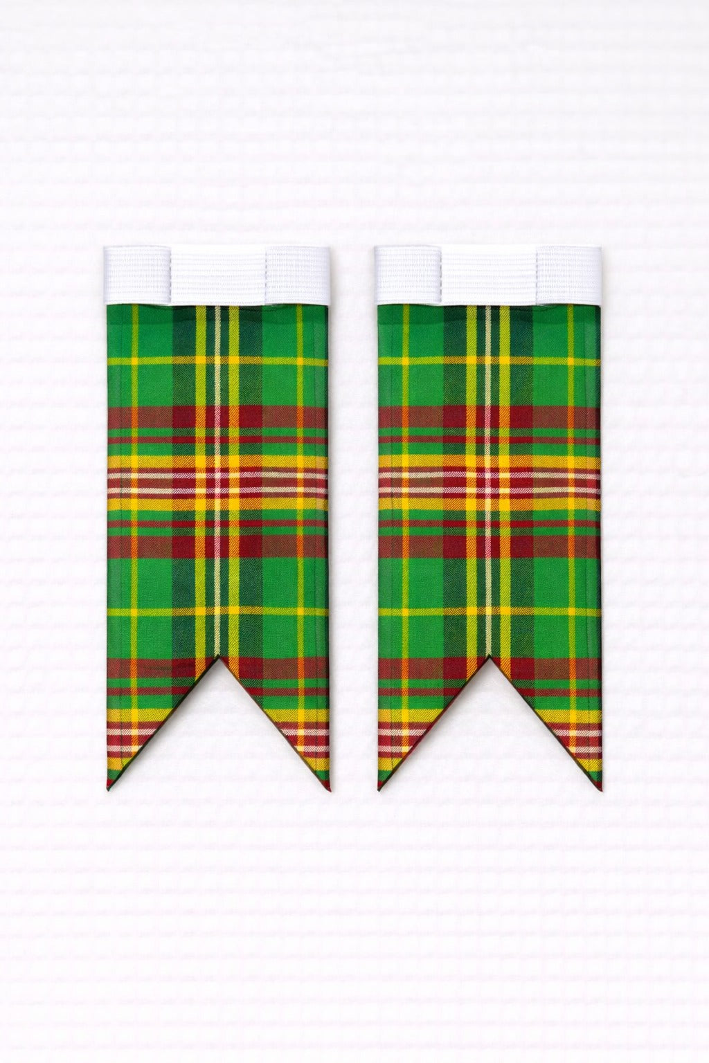 Buchanan Ancient tartan flashes paired with traditional Scottish kilt hose for Highland dress