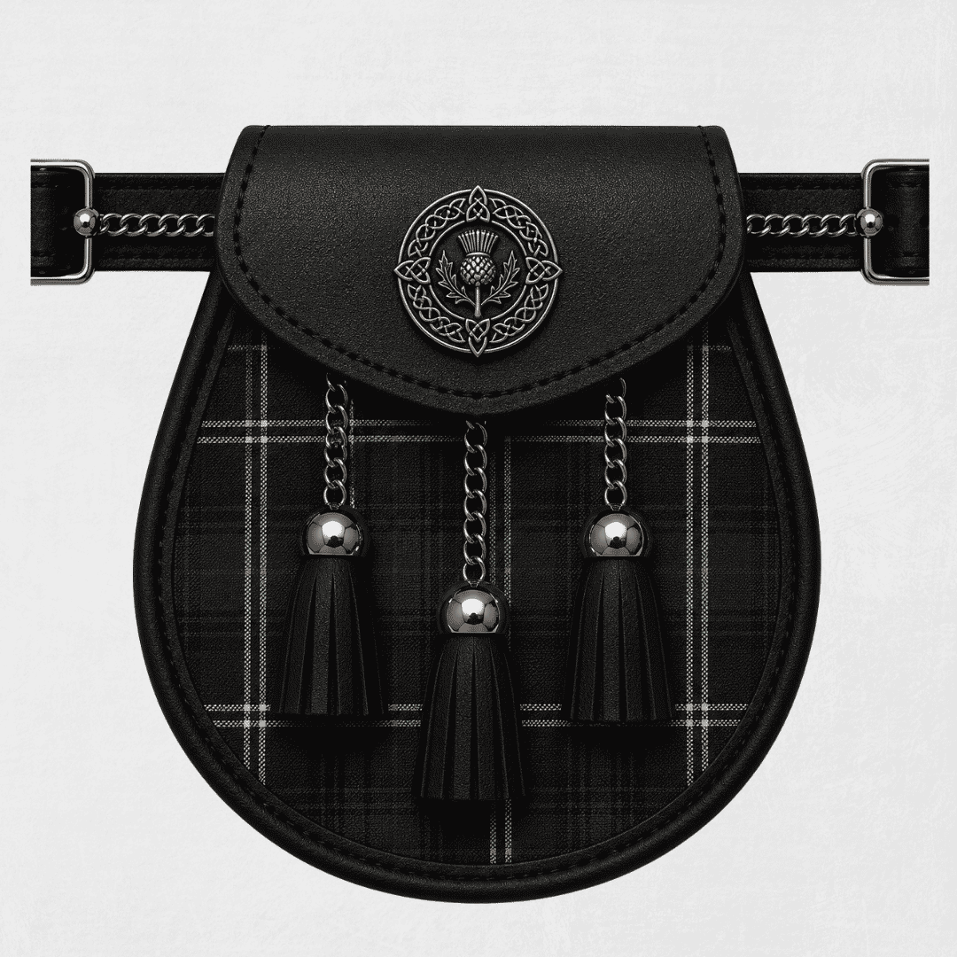 Chisholm Hunting Modern tartan sporran displayed with traditional Scottish Highland kilt accessories