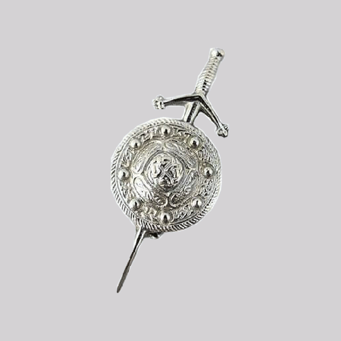 Chromed Sword Kilt Pin with Celtic Shield Design for Scottish Highland Wear