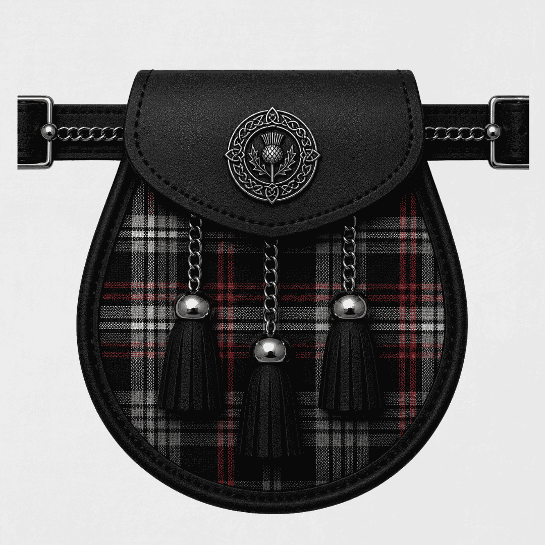 Clan Auld Lang Syne grey tartan sporran for traditional Scottish kilt outfits and formal Highland dress occasions
