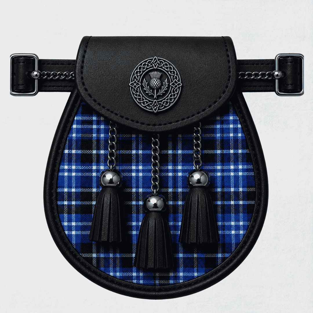 Clan Clark Modern Tartan Sporran displayed with traditional Scottish kilt accessory styling