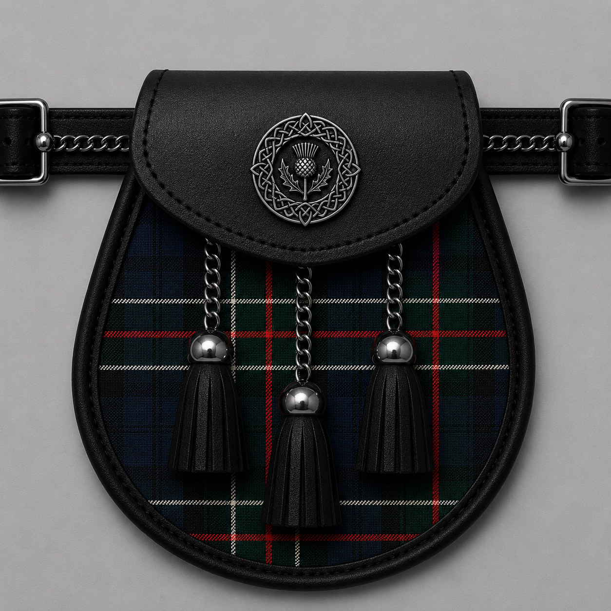 Clan Colquhoun Modern tartan sporran displayed with traditional Scottish Highland kilt accessories