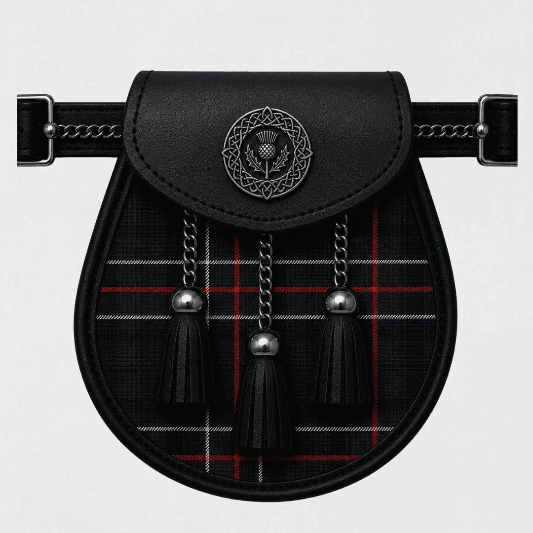 Clan Colquhoun Modern tartan sporran displayed with traditional Scottish Highland kilt accessories