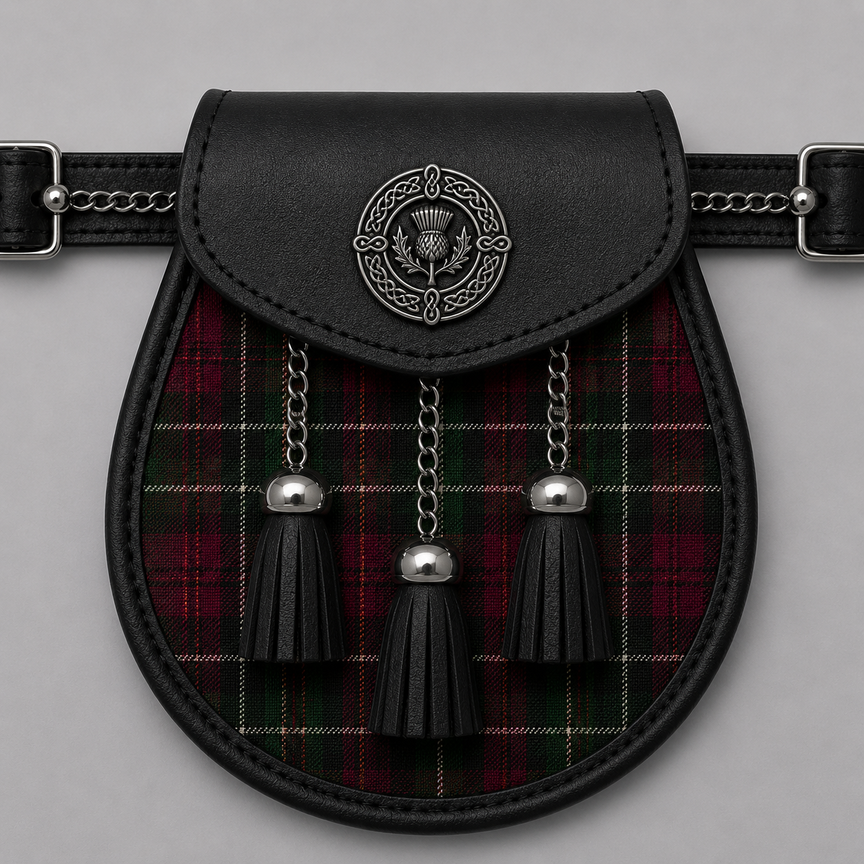 Clan Crosbie Modern tartan sporran displayed with traditional Scottish Highland kilt accessories