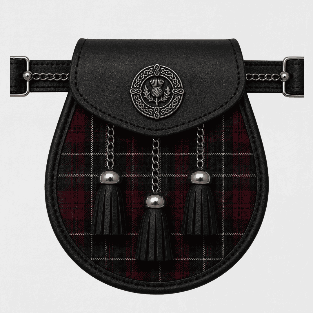 Clan Crosbie Modern tartan sporran displayed with traditional Scottish Highland kilt accessories