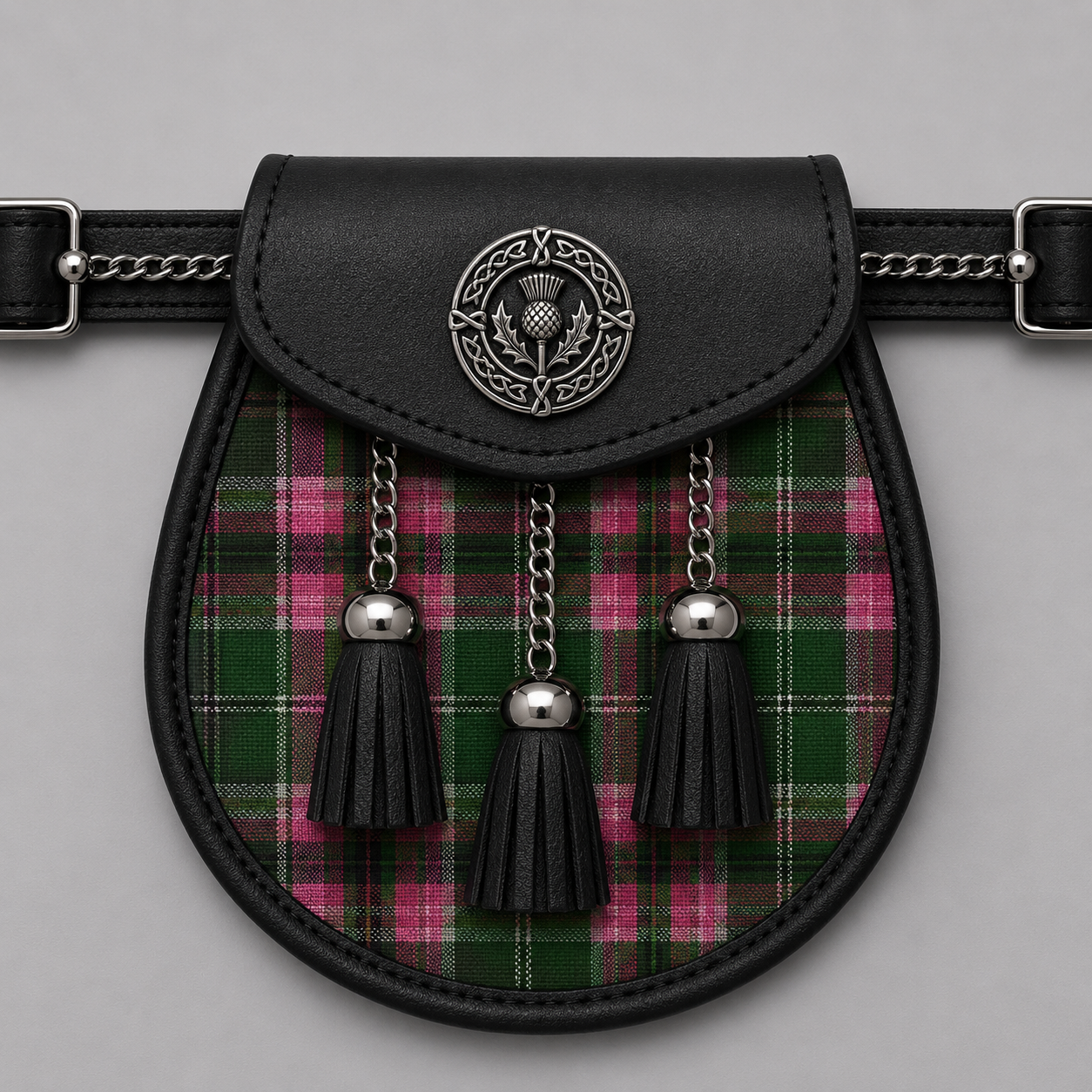 Gray Hunting Ancient tartan sporran displayed with traditional Scottish kilt accessory styling for formal Highland wear.
