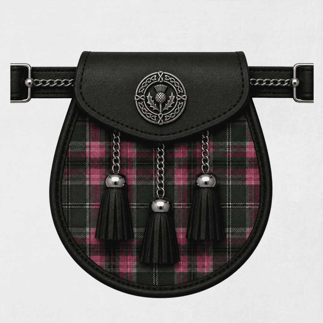 Gray Hunting Ancient tartan sporran displayed with traditional Scottish kilt accessory styling for formal Highland wear.