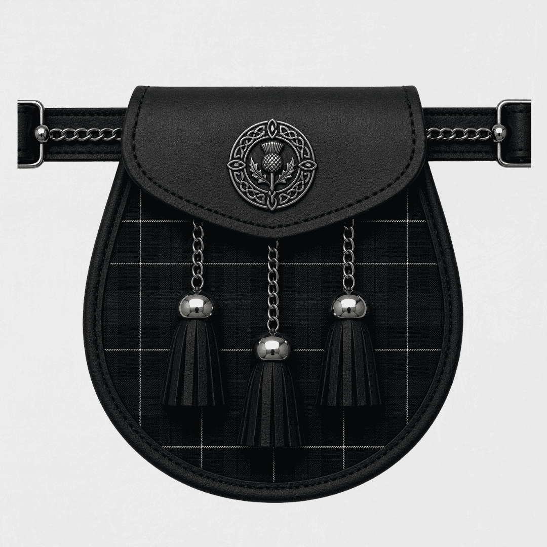 Clan Irvine Modern Tartan Sporran accessory paired with traditional Scottish kilt for formal Highland wear
