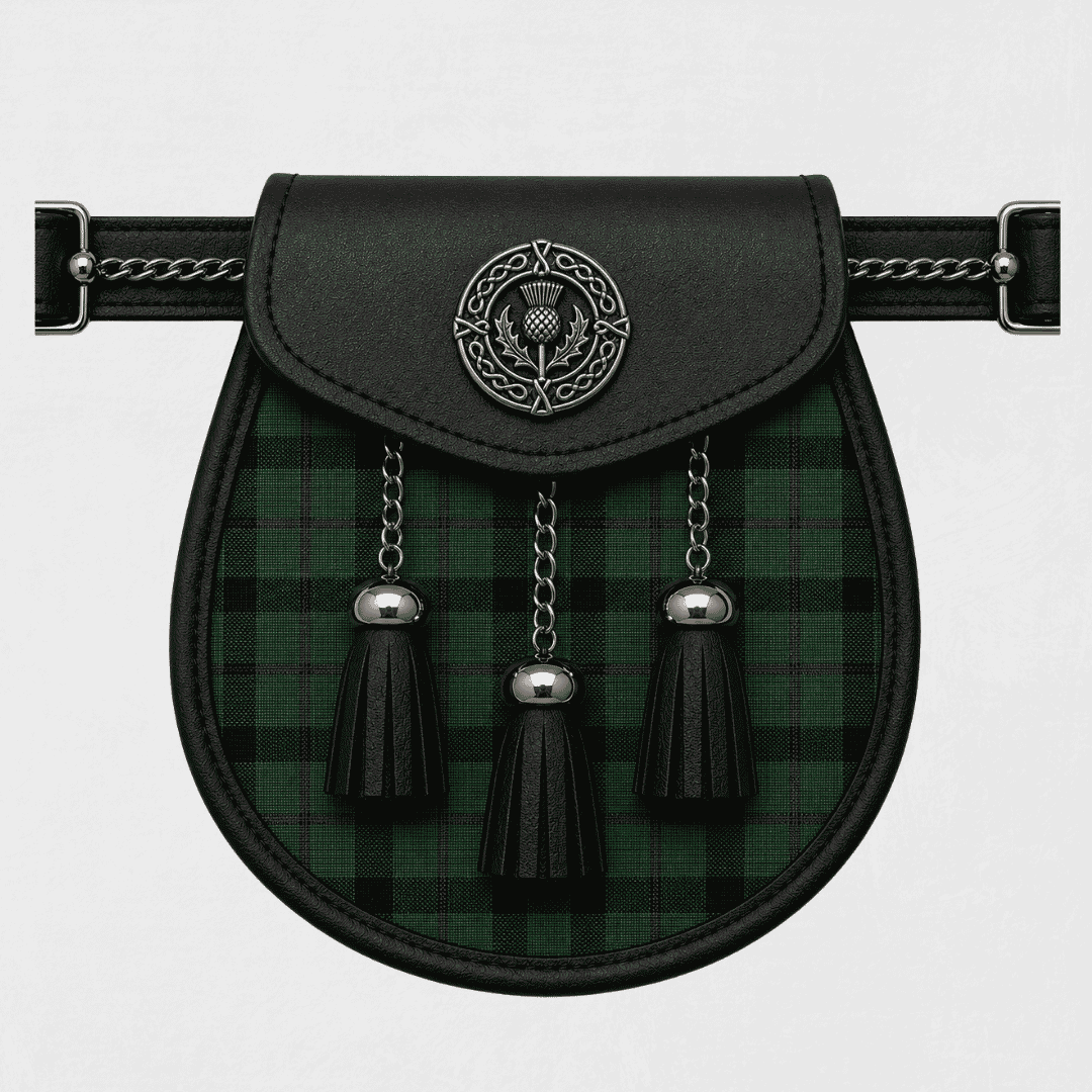 Clan Kincaid Modern Tartan Sporran displayed with traditional Scottish kilt accessory for Highland dress wear