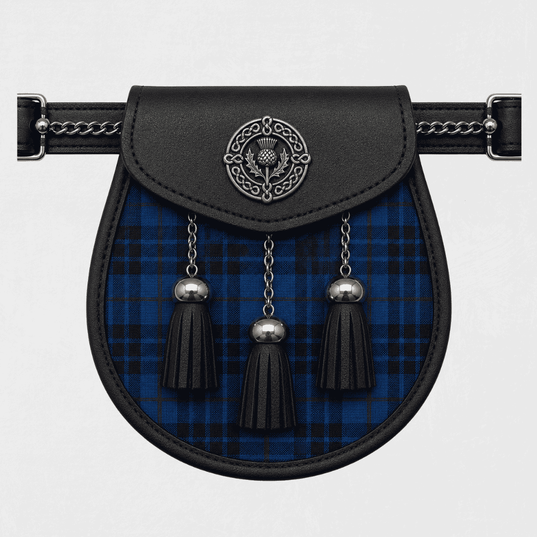 Clan Mackay Blue tartan sporran displayed with traditional Scottish kilt accessory detailing