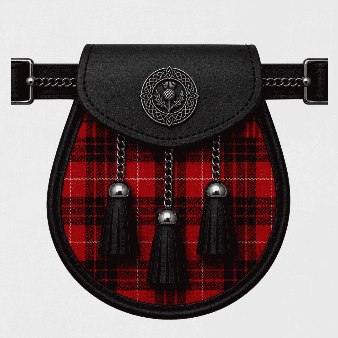 Clan Munro black and red tartan sporran for traditional Scottish Highland kilt attire and formal occasions