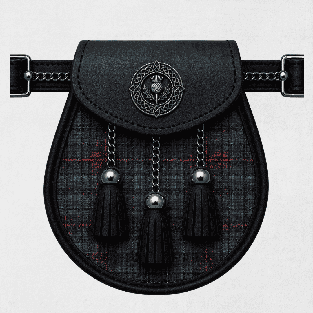 Clan Orkney tartan sporran displayed with traditional Scottish kilt accessory detailing