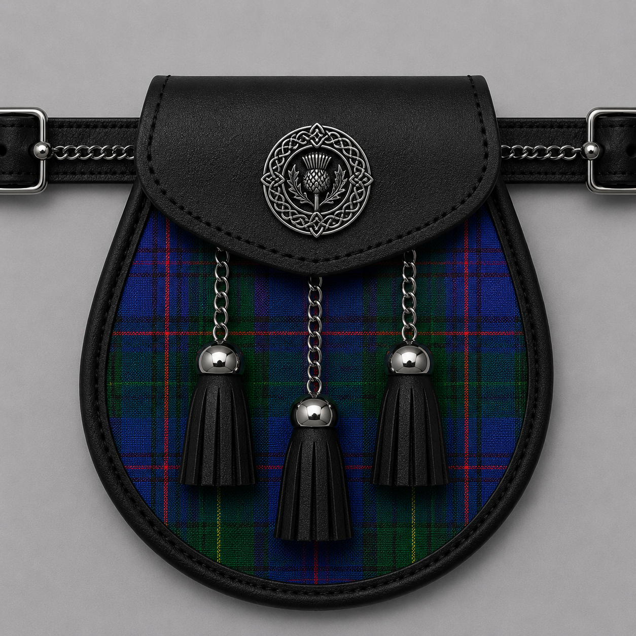 County Donegal tartan sporran featuring traditional Scottish Highland design for formal kilt outfits and special events
