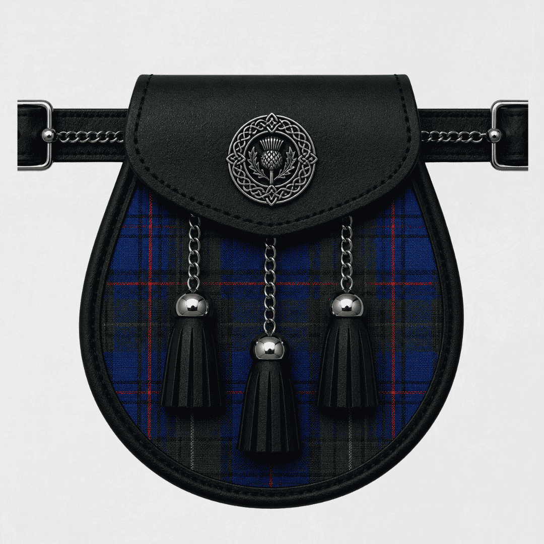 County Donegal tartan sporran featuring traditional Scottish Highland design for formal kilt outfits and special events