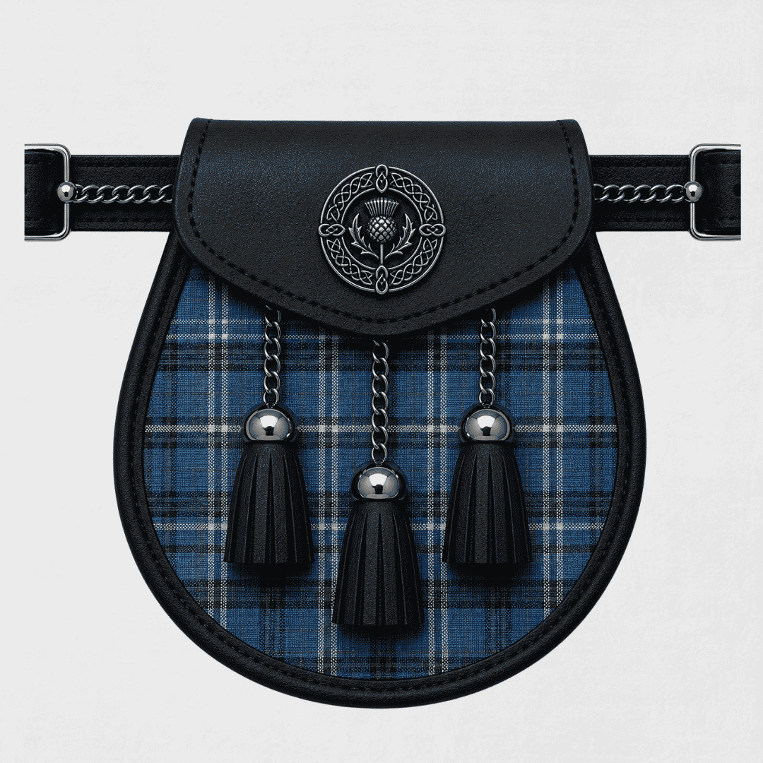 County Fermanagh tartan sporran displayed with traditional Scottish kilt accessory styling for formal Highland wear