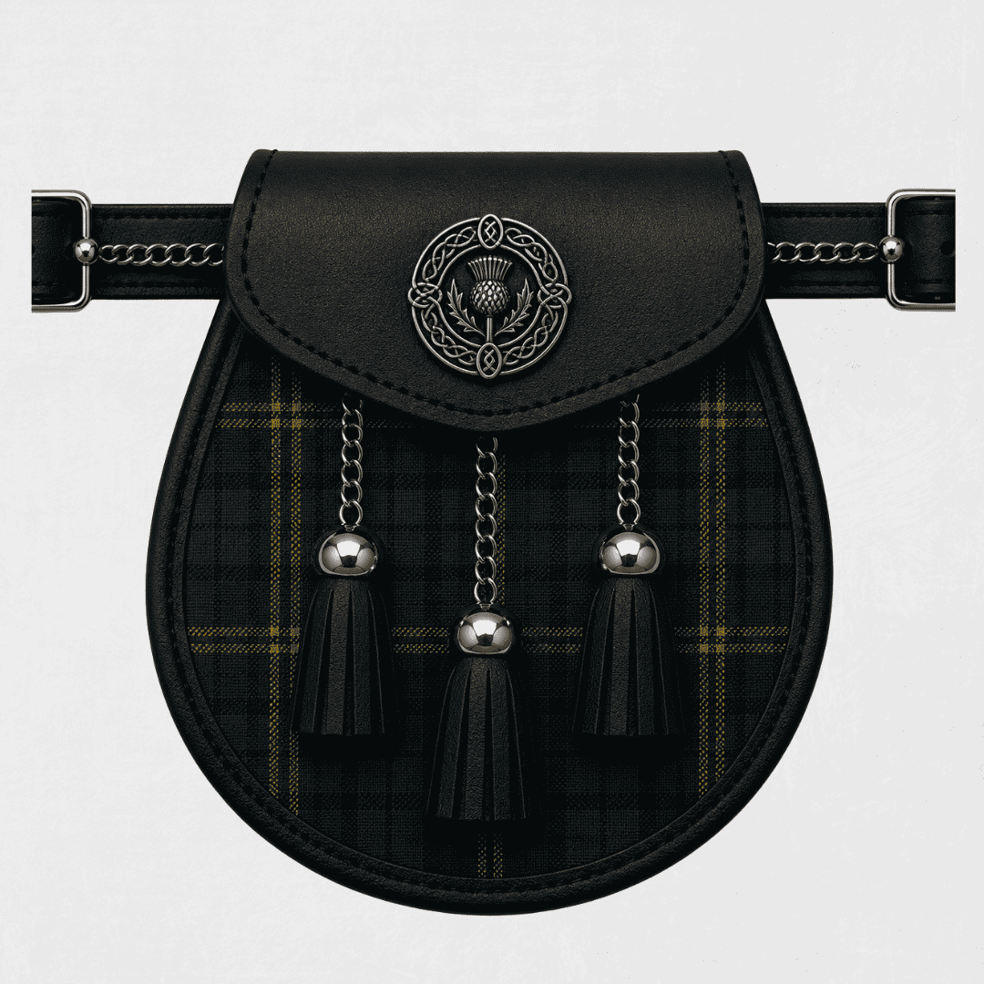 County Kilkenny tartan sporran with traditional kilt accessory design for Scottish and Irish formal wear