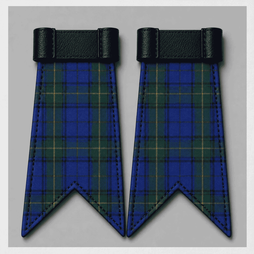 County Donegal tartan flashes for kilt hose featuring traditional plaid pattern and secure elastic fastening