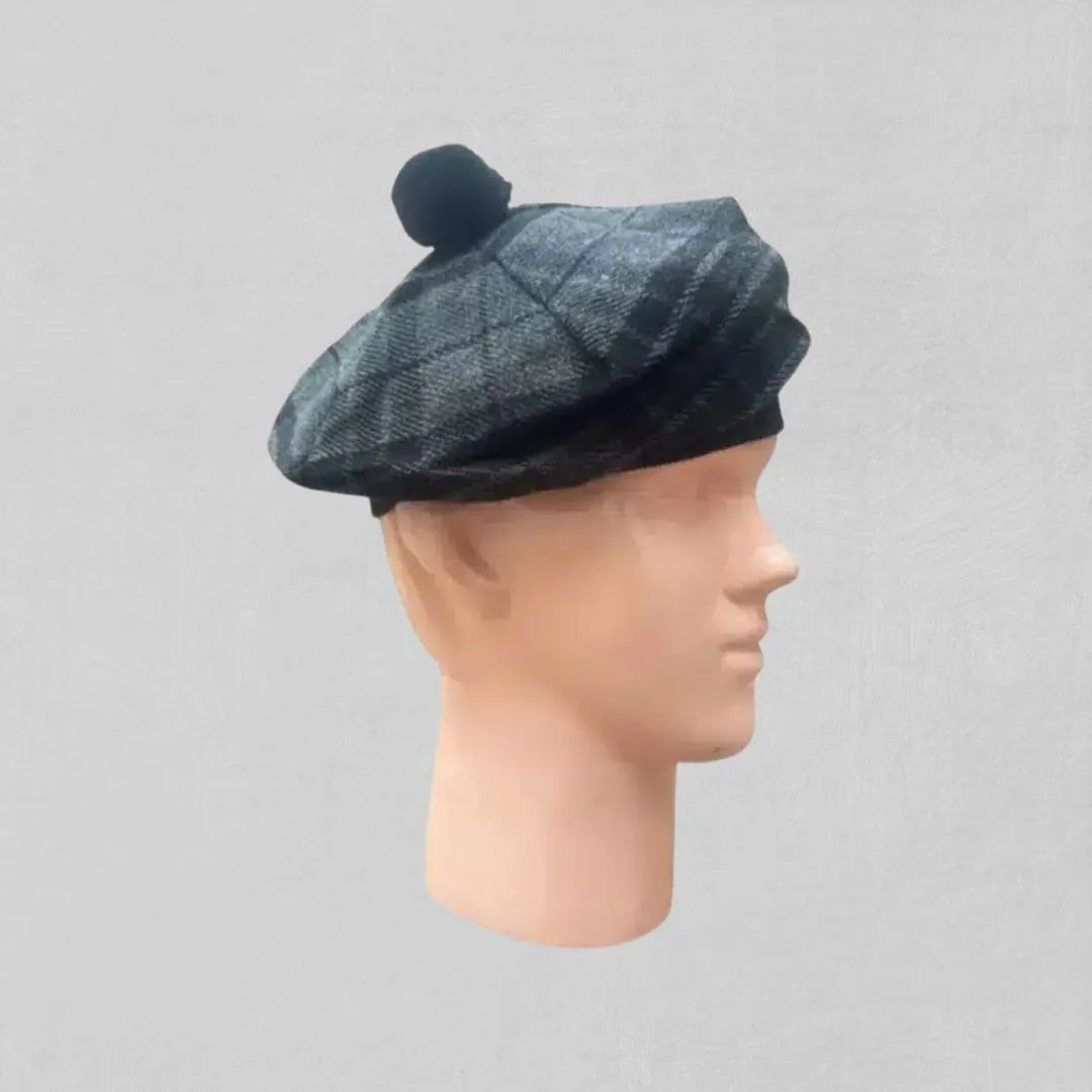 Custom-made grey night tartan Tam o' Shanter hat on mannequin head, featuring Kiltsstore branding.