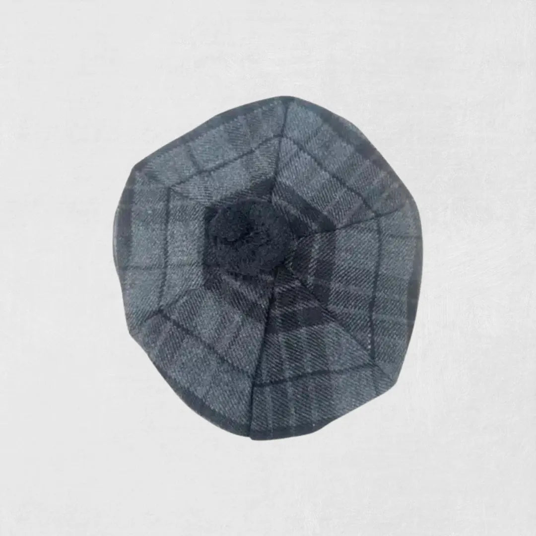 Front view of Custom-Made Grey Night Tartan Tam o’ Shanter Hat with pom-pom.