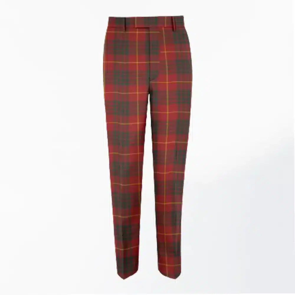 Front view of Custom Made Cameron Red Tartan Trousers featuring vibrant red pattern and tailored fit