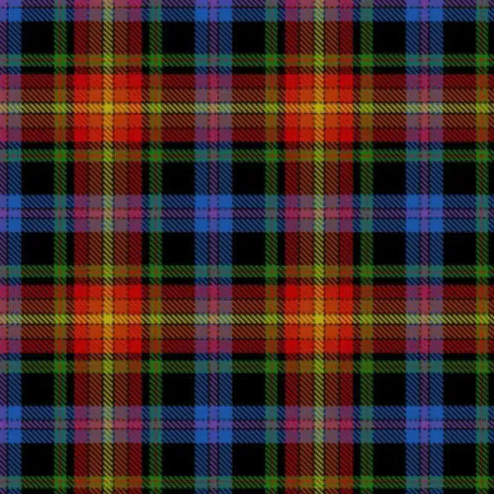 Custom-made Pride of LGBT tartan trousers featuring vibrant rainbow colors in plaid pattern.