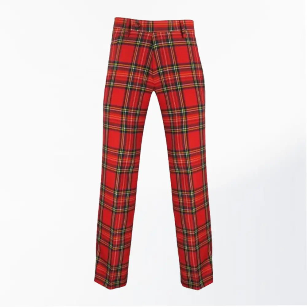 Front view of Custom Made Royal Stewart Tartan Trousers with classic red plaid pattern and tailored fit