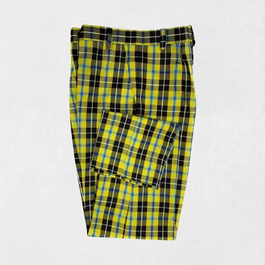 Cornish tartan trousers in blue, black, and green with a classic fit and flat-front design.