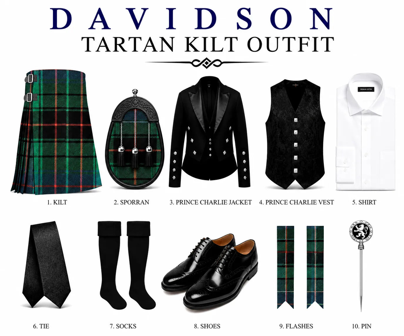 A product display sheet for a 'Davidson Tartan Kilt Outfit' showing 10 components: a green and red tartan kilt, sporran, black jacket, black vest, white shirt, black tie, black socks, black shoes, two pairs of tartan flashes, and a silver pin, all labeled with numbers on a white background.