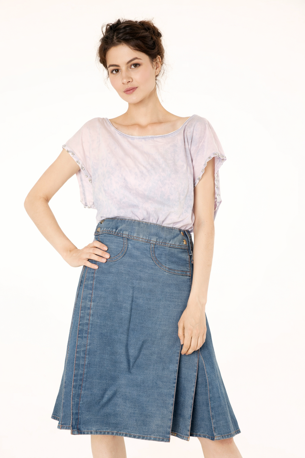 Denim pleated midi skirt for women, high-waist A-line style for casual and office wear