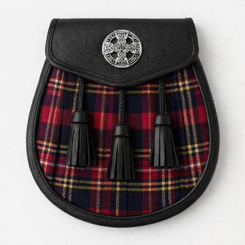 Dress Stewart tartan sporran with traditional tassels and durable leather backing for formal Scottish kilts
