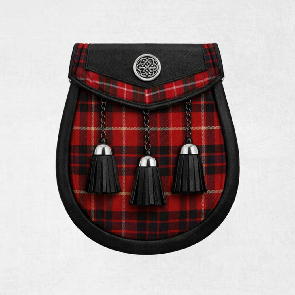 Fraser Red Modern tartan sporran with traditional tassels and leather backing for Scottish kilts
