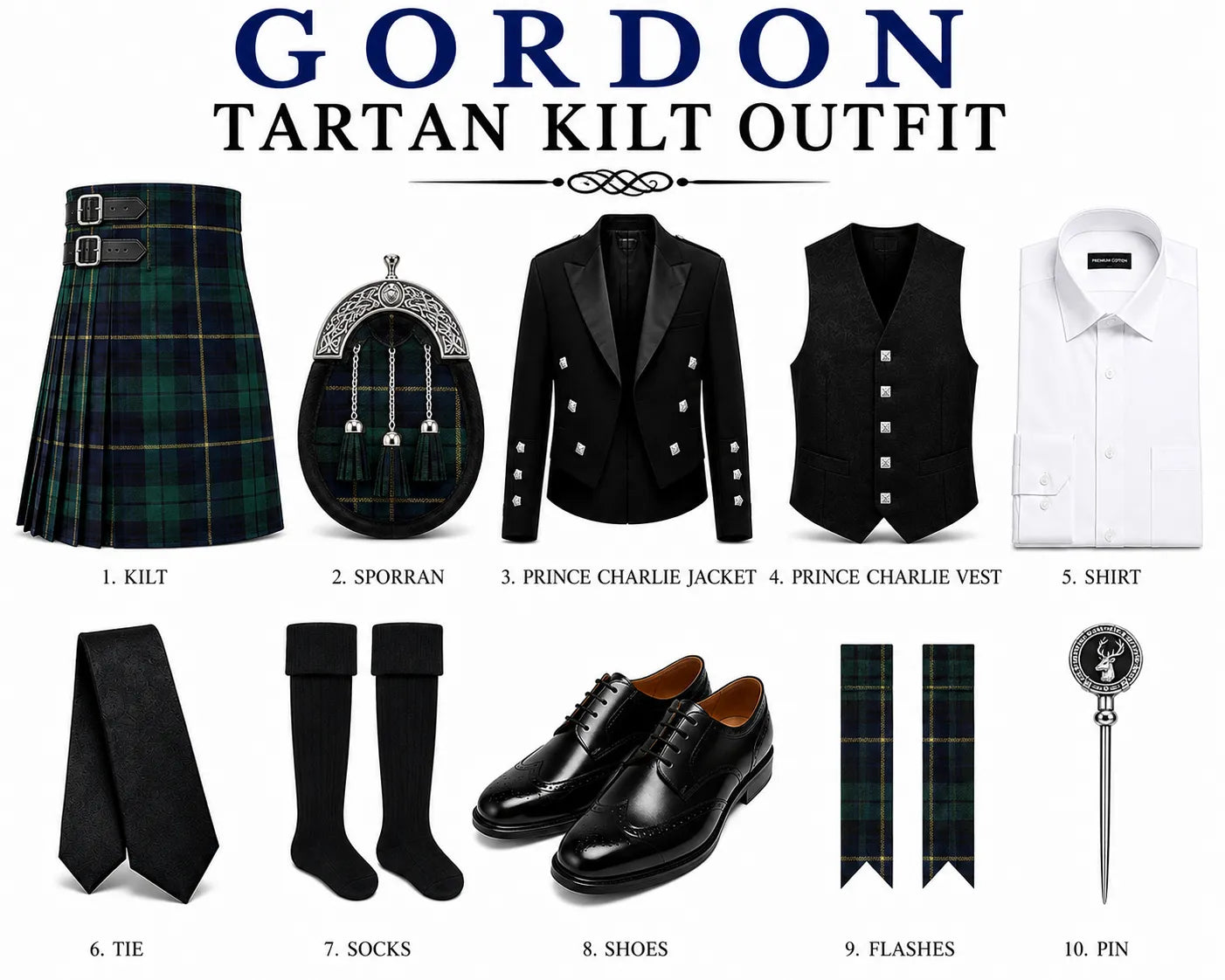 A product collage for the Gordon Tartan Kilt Outfit on a white background, showing all 10 included items with numbered labels: kilt, sporran, jacket, vest, shirt, tie, socks, shoes, flashes, and pin. The kilt is green and black tartan, while the other items are black or white.