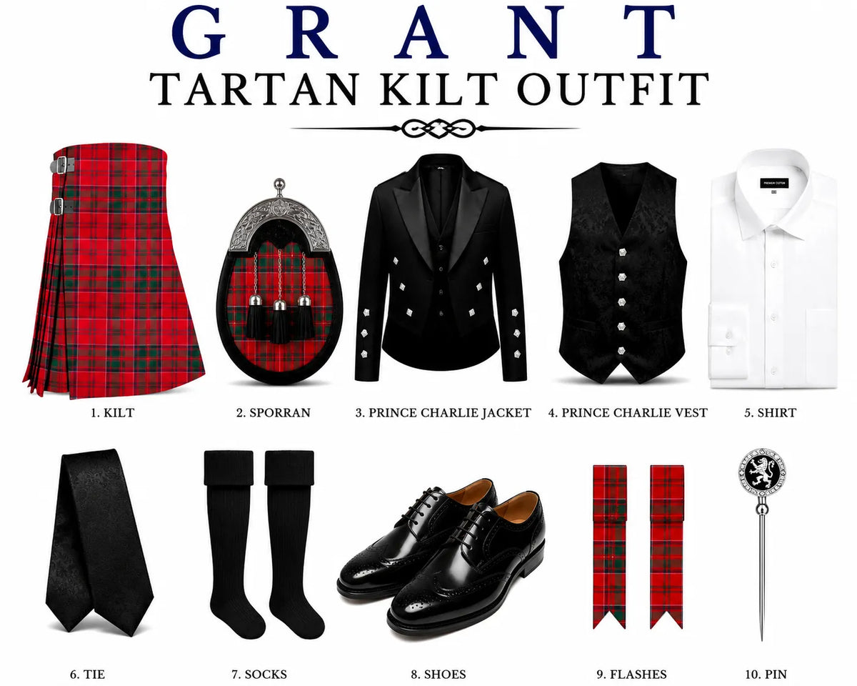 A product catalog graphic for the 'Grant Tartan Kilt Outfit' showing ten distinct items numbered 1 to 10 on a white background. The outfit includes a red and black tartan kilt, a sporran, a black Prince Charlie jacket, a black Prince Charlie vest, a white shirt, a black tie, black socks, black shoes, two black tartan scarves, and a silver pin.