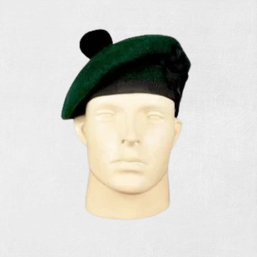 Green Balmoral hat with pom-pom and ribbon ties for Scottish outfit