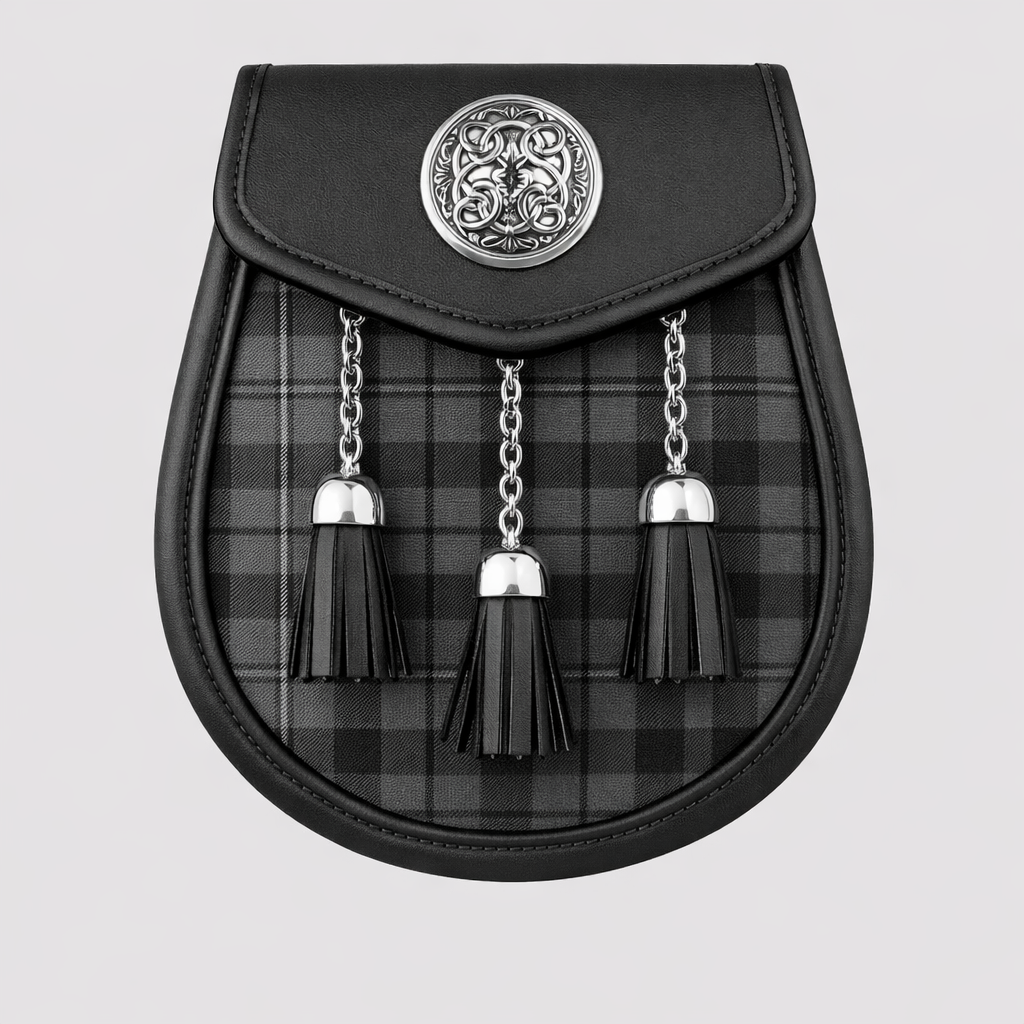 Grey Spirit tartan sporran with traditional tassels and leather backing for classic Scottish kilt outfits