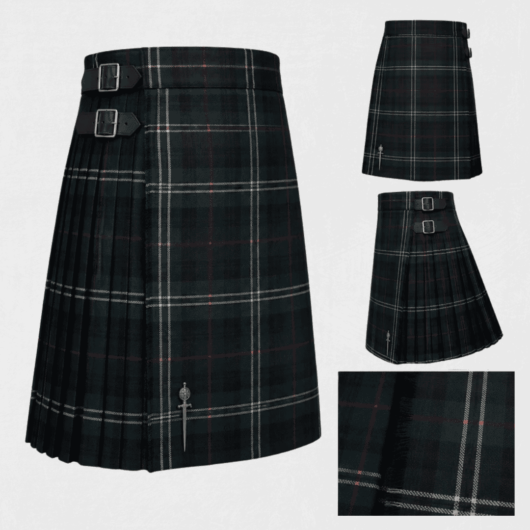 Gunn Tartan Kilt featuring authentic Scottish clan tartan with traditional pleated Highland design