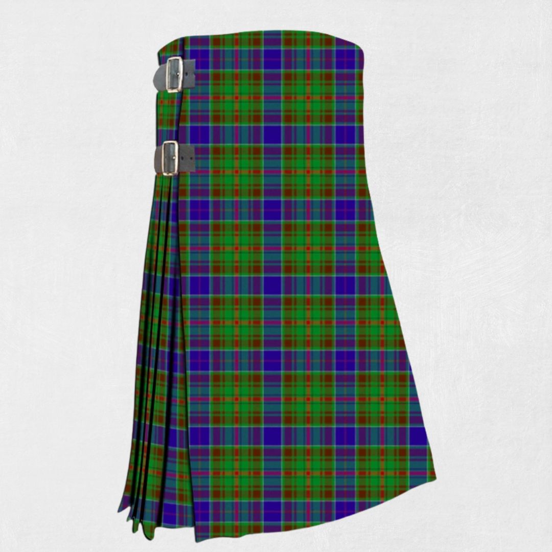 Hand-made Adams Tartan Kilt front view, showcasing adjustable straps and high-quality wool fabric with the iconic Adams Tartan pattern.