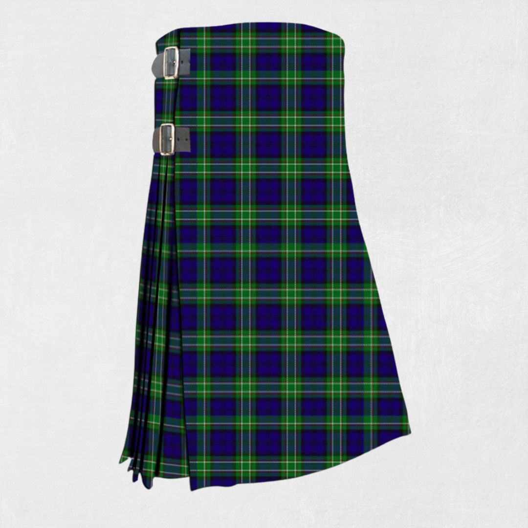 Hand-made Allen Tartan Kilt front view, featuring adjustable straps and premium wool fabric with the traditional Allen Tartan pattern.