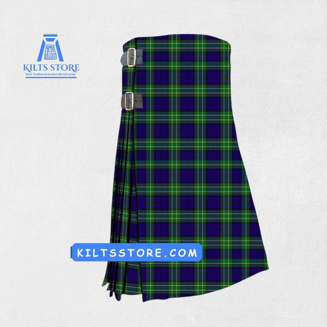 Hand-made Allen Tartan Kilt front view, featuring adjustable straps and premium wool fabric with the traditional Allen Tartan pattern.